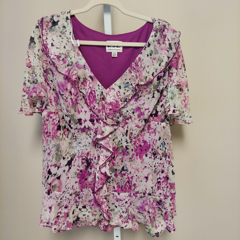 Karin Stevens KSL 20W Floral Ruffle V-Neck Flutter Sleeve Blouse Cottagecore
